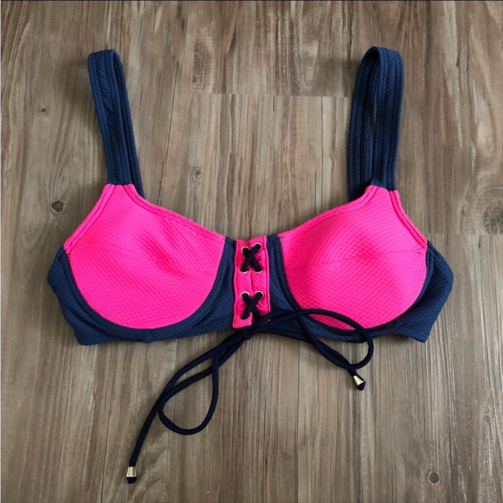 Lovers + Friends Bikini Top Two-Tone Colorblock Lace Up Navy Blue Hot Pink Small